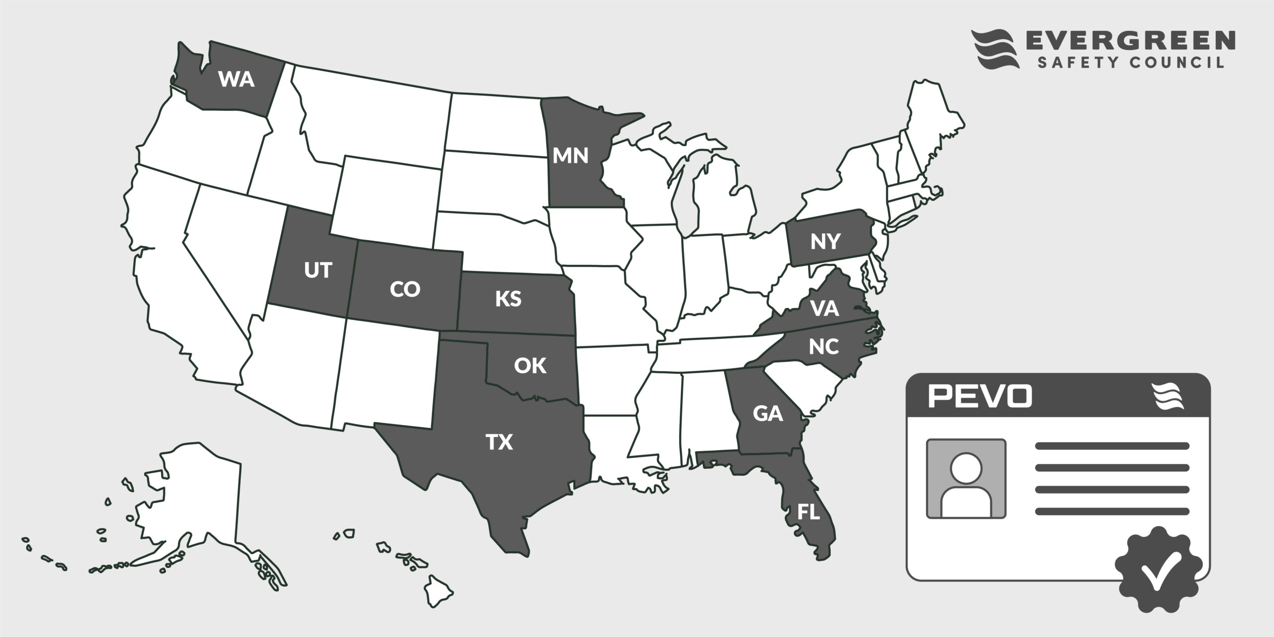 Map of the United States with states that require PEVO certification highlighted