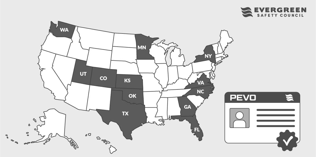 Map of the United States with states that require PEVO certification highlighted