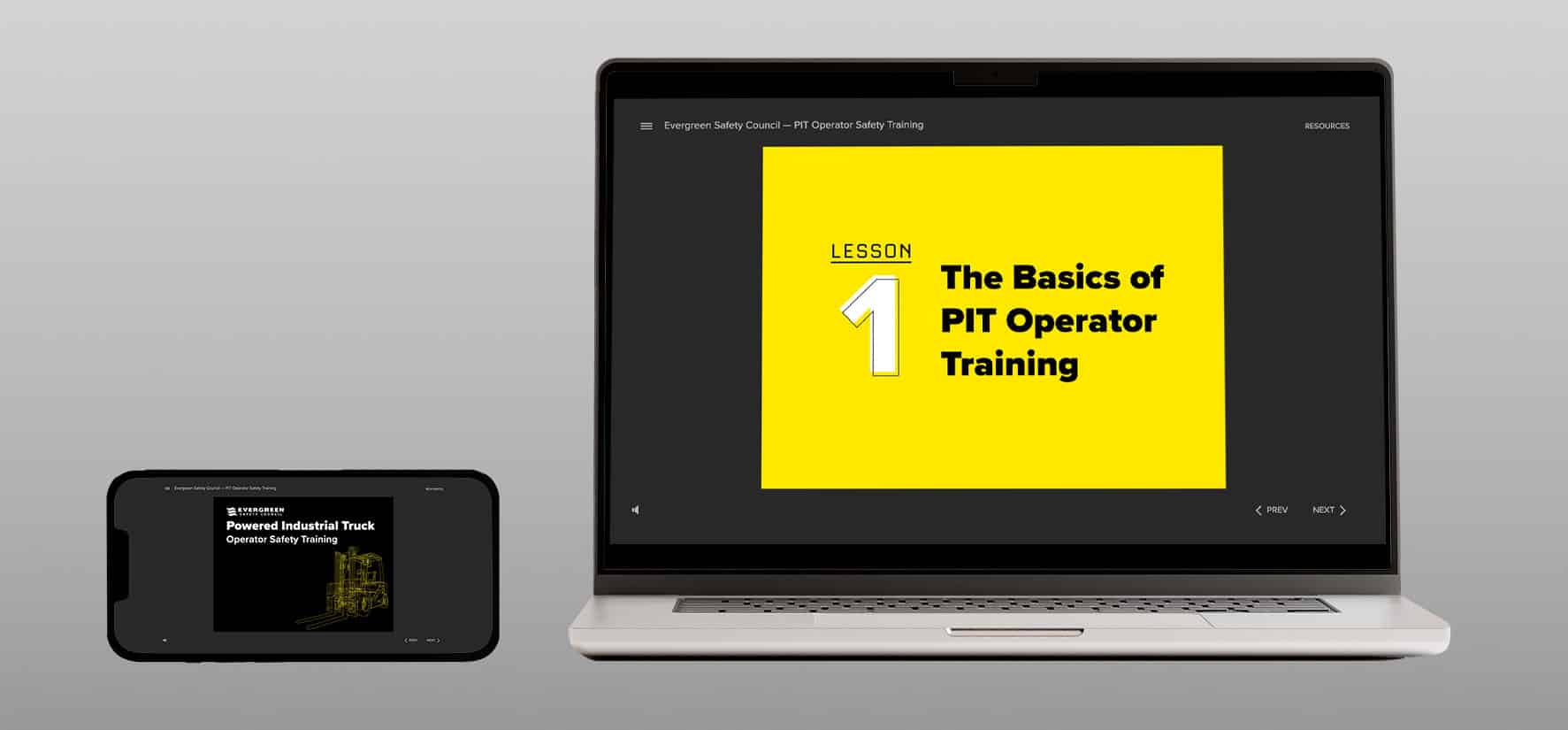 ESC Online forklift training shown on phone and laptop