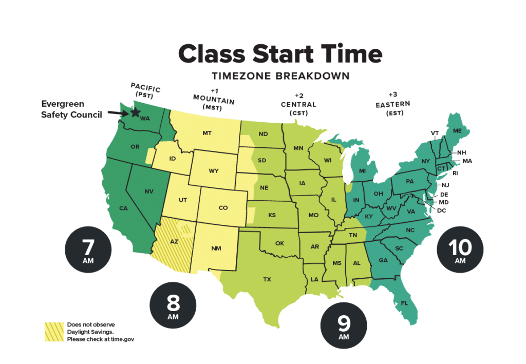 U.S. time zone map for 7am Pacific start time